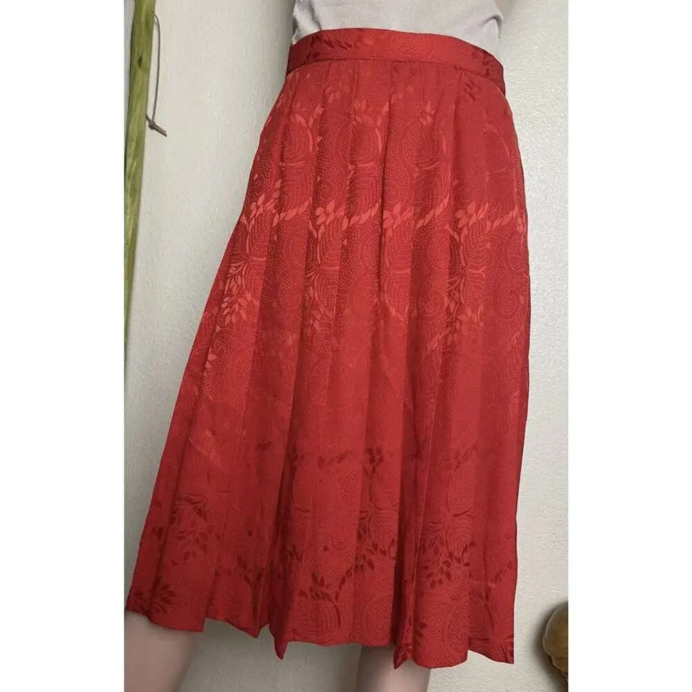 Gloria Sachs Red Silk Skirt Set Sz 8 Pleated Skirt LS Blouse Leaf Embossed